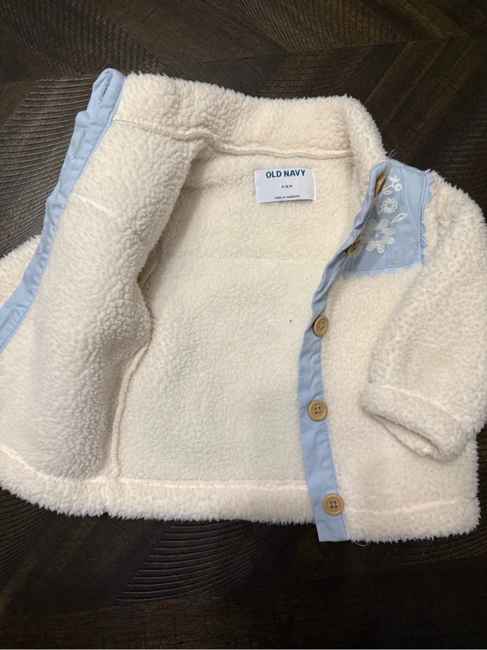 Old Navy Cream Sherpa Jacket with Pale Blue Embroidered Yoke